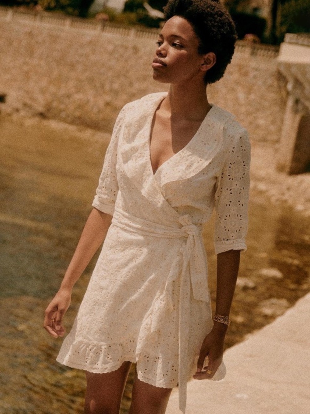 NWT Sézane Asianne Eyelet Wrap Dress Ecru Size 36 US 4